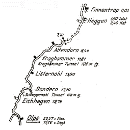 Karte der ehemaligen Strecke, Ausschnitt aus der DB-bersichtskarte des Betriebsamtes Olpe (Sammlung: Christoph Marschner)