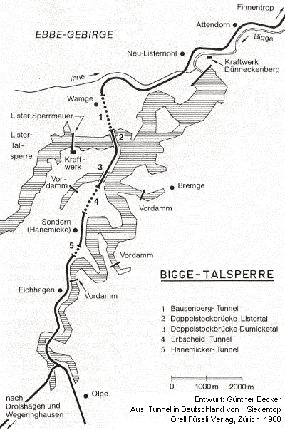 Karte der Bigge-Talsperre (Entwurf: Gnther Becker, aus Tunnel in Deutschland von I. Siedentop, Orell Fssli Verlag, Zrich, 1980)